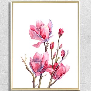 May include: Watercolor painting of pink magnolia flowers with green stems and leaves on a white background.
