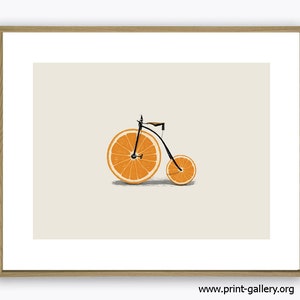 Stampa arancione, arte murale di frutta, decorazione della cucina, poster grande stampabile tropicale, decorazione moderna e minimalista della cucina, bicicletta arancione