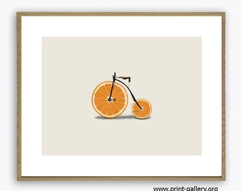 Orange Print, Fruit Wall Art, Kitchen Decor, Tropical Printable Large Poster, Modern Minimalist Kitchen Decor, Orange Bicycle