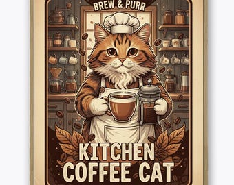 Coffee Print Poster, Coffee Cat, Kitchen Poster Print, Kitchen Wall Art Decor, Beige Color, Cute Cat