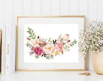 May include: A watercolour painting of a floral bouquet featuring pink, white and peach flowers. The flowers are arranged in a loose, flowing style, and the painting has a soft, romantic feel.
