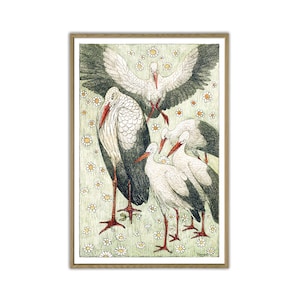 Birds Print, Five Storks, Vintage Birds Art, Large Bird Wall Art Print