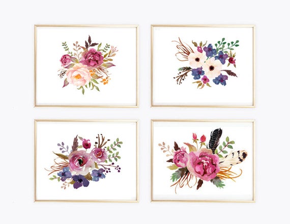 boho watercolor flowers print wall art print flowers art etsy