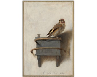 May include: A painting of a goldfinch perched on a wooden box with a metal chain. The bird is facing the viewer and has a red head, yellow breast, and brown wings. The painting is signed "C. Fabritius 1654" in the lower right corner.