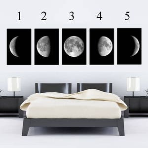 Moon Phases Wall Art Print Set of 3, Moon Bedroom Decor, Moon Phases Photo, Large Wall Art, Black and White Decor image 3