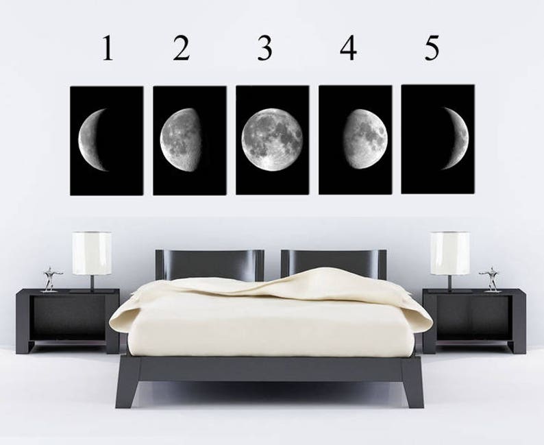 Moon Phases Wall Art Print Set of 3, Moon Bedroom Decor, Moon Phases Photo, Large Wall Art, Black and White Decor image 3