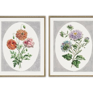 Vintage Flower Print, Botanical Art Print, Large Wall Art Print, Poppy Print, Aster Print, Flower Oval Painting Print