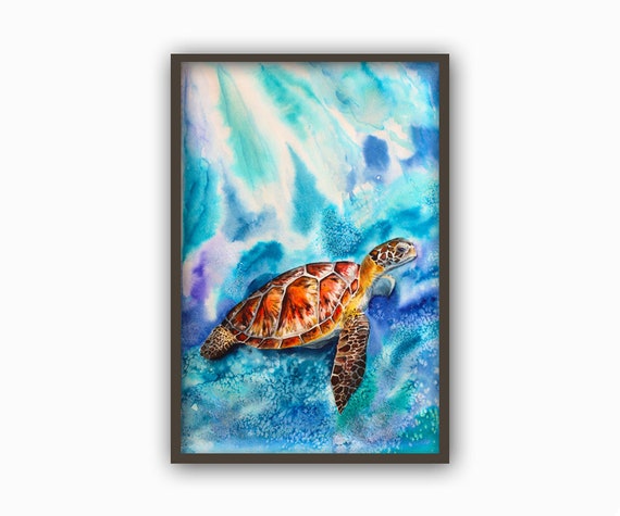 Turtle Watercolour Painting Print Turtle Bathroom Decor Sea Etsy