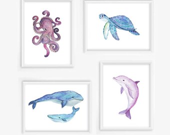 Sea Animals Watercolour Paintings Print Set of 4 Octopus Whales Dolphin Turtle Print, Marine Art, Bathroom Decor Set of 4