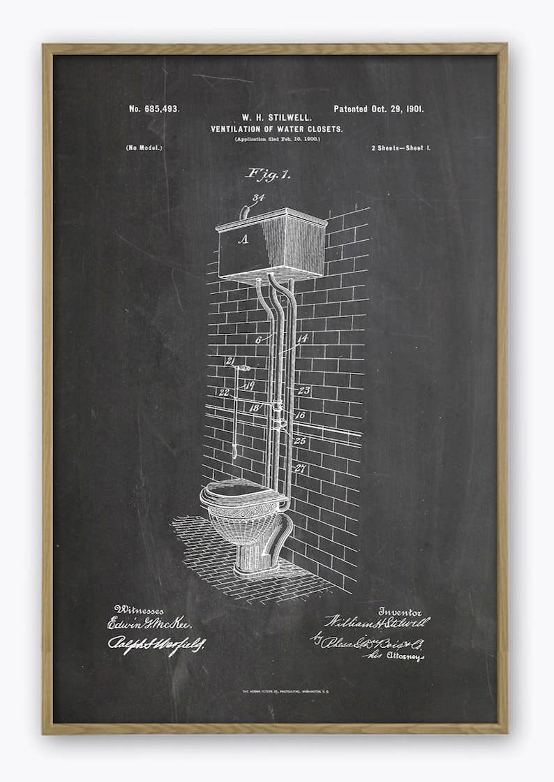 May include: Black and white patent drawing of a toilet with a tank and plumbing system. The drawing is labeled "Fig. 1" and "No. 685,493. Patented Oct. 29, 1901. W. H. STILWELL. VENTILATION OF WATER CLOSETS. (Application filed Feb. 10, 1900.) 2 Sheets-Sheet 1."