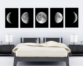 Moon Phases Photo Print Set,  Black and White Wall Decor Bedroom Wall Art Decor, Moon Posters Set of 5