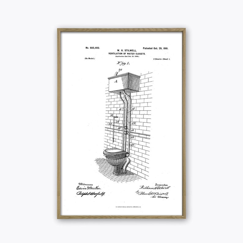 May include: Black and white line drawing of a patent for a toilet design. The patent is titled "Ventilation of Water Closets" and was patented on October 29, 1901. The drawing shows a side view of the toilet with a tank and a bowl.