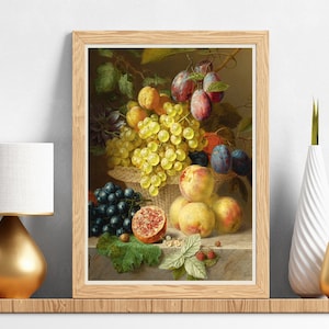 Still Life Fruit Bowl Art Poster, Tropical Fruits Wall Decor, Fine Art Print