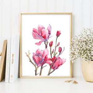 May include: Watercolor painting of pink magnolia flowers with green stems and leaves on a white background.
