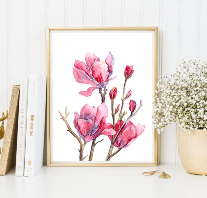 May include: Watercolor painting of pink magnolia flowers with green stems and leaves on a white background.