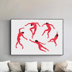 May include: Five red figures in various poses are depicted on a white background. The figures are stylized and appear to be dancing or moving in a circular pattern.