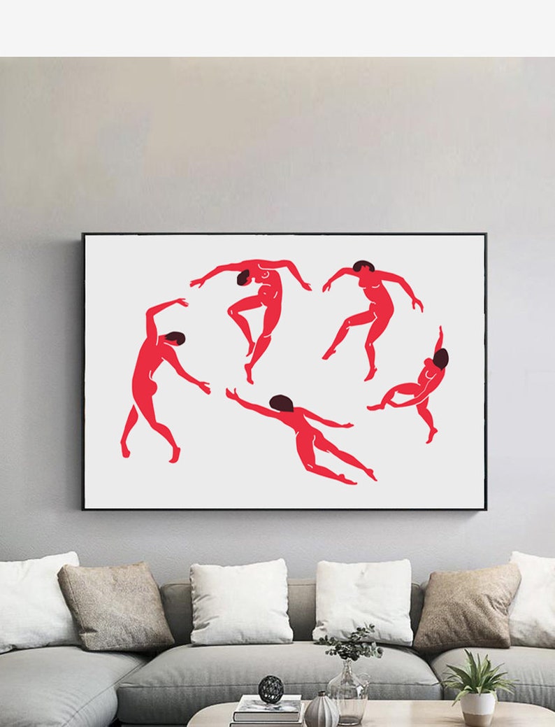May include: Five red figures in various poses are depicted on a white background. The figures are stylized and appear to be dancing or moving in a circular pattern.