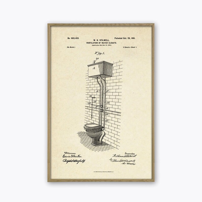 May include: A black and white line drawing of a patent for a toilet design. The patent is titled "Ventilation of Water Closets" and is dated October 29, 1901. The patent number is 685,483.