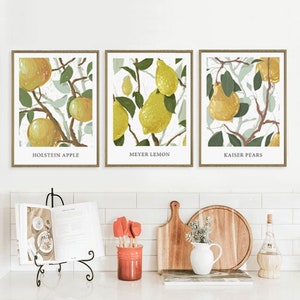 Fruit Print Botanical Kitchen Print Poster, Botanical Art Decor, Gallery Wall, Apple, Lemon, Pear