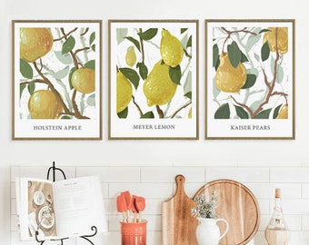 Fruit Print, Küchenposter 3er Set, Botanisches Kunst Dekor, Gallery Wall, Apple, Lemon, Pear