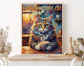 Konsttryck med katt och kaffe i köket, nyckfull väggdekoration