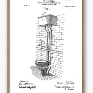 May include: Black and white line drawing of a patent for a toilet design. The patent is titled "Ventilation of Water Closets" and was filed by W. H. Stilwell on October 29, 1901. The drawing shows a detailed view of the toilet's internal workings, including the tank, bowl, and plumbing.