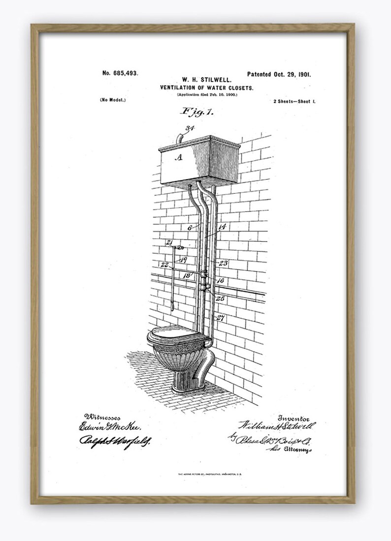 May include: Black and white line drawing of a patent for a toilet design. The patent is titled "Ventilation of Water Closets" and was filed by W. H. Stilwell on October 29, 1901. The drawing shows a detailed view of the toilet's internal workings, including the tank, bowl, and plumbing.