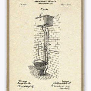May include: A black and white line drawing of a toilet patent from 1901. The patent is for a ventilation system for water closets. The drawing shows a toilet with a tank and a pipe system. The patent number is 685,493 and the inventor is William H. Stilwell.