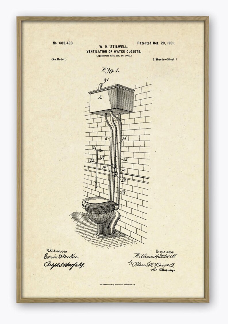 May include: A black and white line drawing of a toilet patent from 1901. The patent is for a ventilation system for water closets. The drawing shows a toilet with a tank and a pipe system. The patent number is 685,493 and the inventor is William H. Stilwell.