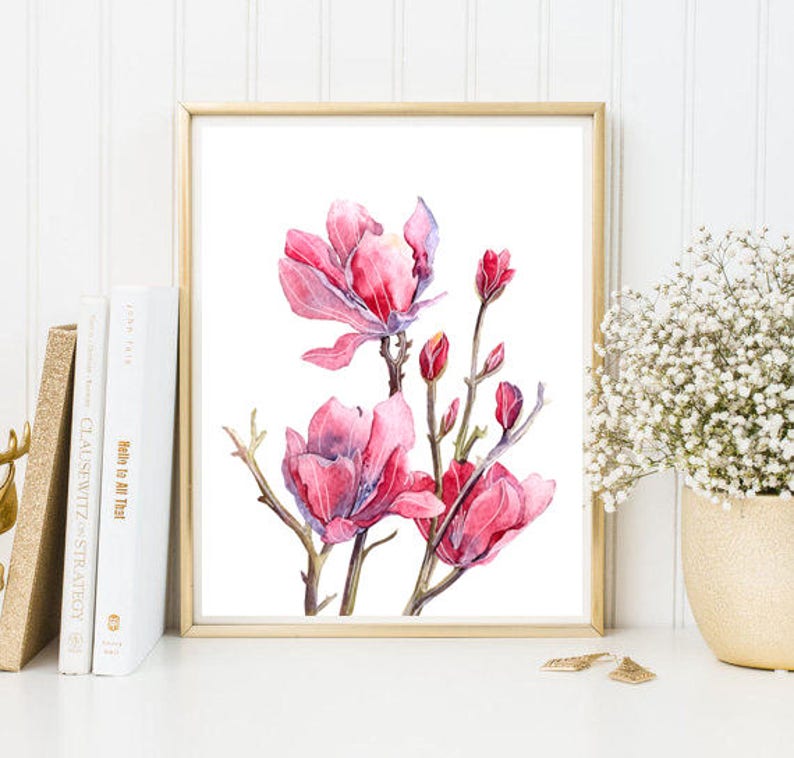 May include: Watercolor painting of pink magnolia flowers with green stems and leaves on a white background.