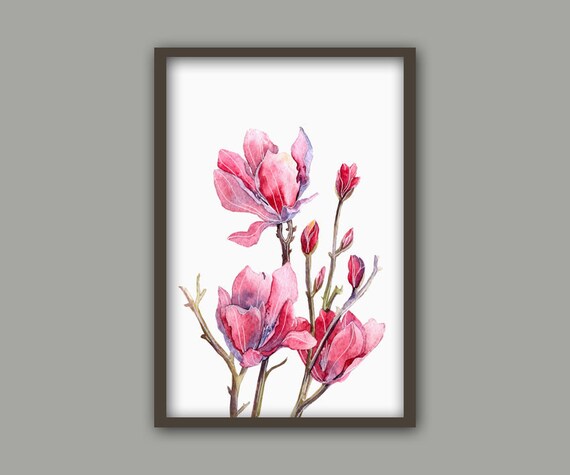 Flower Print, Magnolia Print, Flower Wall Decor, Botanical Illustration Art, Pink Flower Art, Magnolia Watercolor Painting Print
