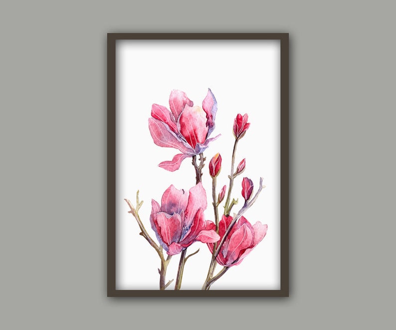 May include: Watercolor painting of pink magnolia flowers with green stems and leaves on a white background.