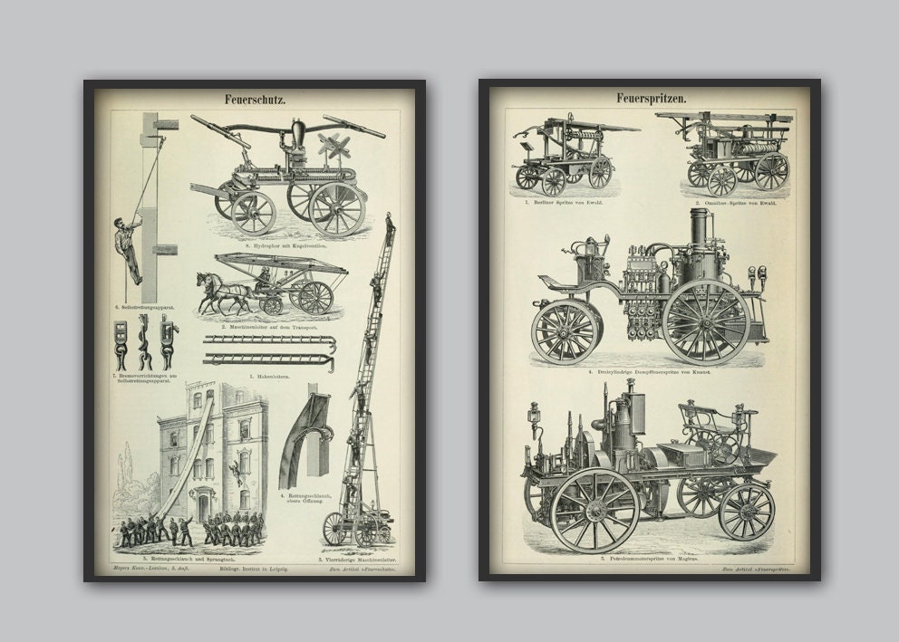 Vintage Firefighting Wall Art Print - Firefighter Gift Idea - Fireman Gift - Firefighting Invention Print - Wall Art Decor -Set of 2