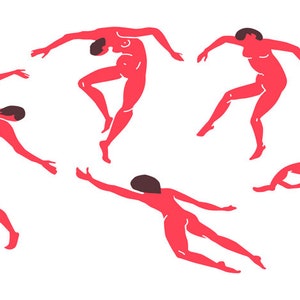 May include: Five red silhouettes of people in various poses, all with their arms outstretched, against a white background.