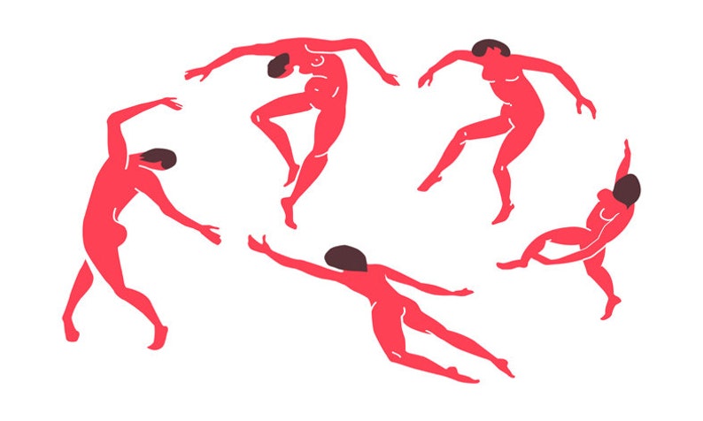 May include: Five red silhouettes of people in various poses, all with their arms outstretched, against a white background.