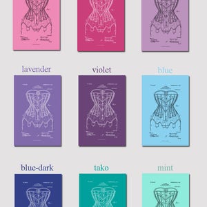 May include: Nine different colored vintage patent prints of a corset design. The colors are rosa, pink, lilac, lavender, violet, blue, blue-dark, tako, and mint.