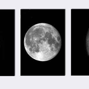 Moon Phases Wall Art Print Set of 3, Moon Bedroom Decor, Moon Phases Photo, Large Wall Art, Black and White Decor image 2