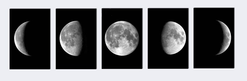 Moon Phases Wall Art Print Set of 3, Moon Bedroom Decor, Moon Phases Photo, Large Wall Art, Black and White Decor image 2