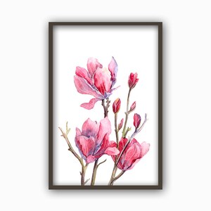 May include: Watercolor painting of pink magnolia flowers with green stems and leaves on a white background.