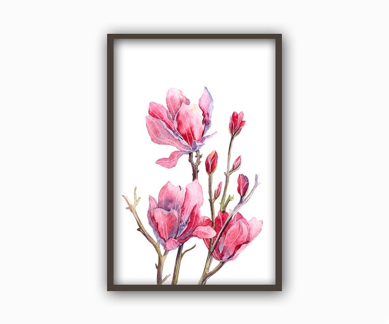 May include: Watercolor painting of pink magnolia flowers with green stems and leaves on a white background.