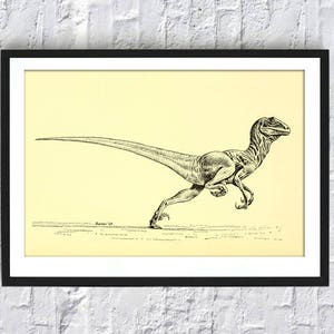 Pu&ograve; includere: Disegno in bianco e nero di un dinosauro che corre. Il dinosauro &egrave; un velociraptor, un piccolo dinosauro veloce con artigli e denti affilati. Il disegno &egrave; su uno sfondo giallo pallido.