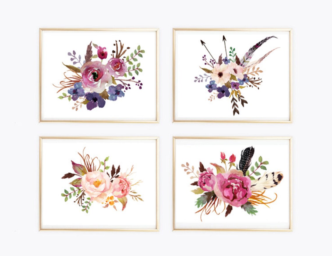 Set of 4 Floral Print Watercolor Print Flowers Arrows Etsy