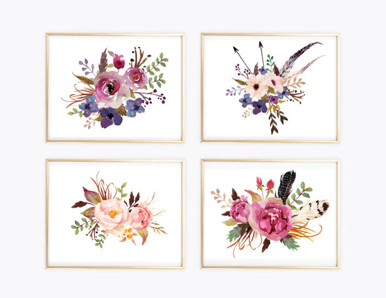 Set of 4 Floral Print Watercolor Print Flowers Arrows Etsy