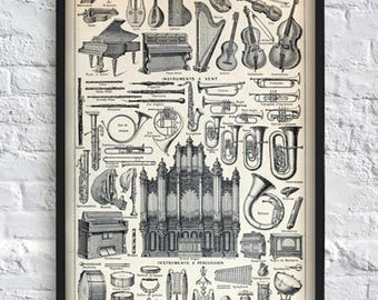 Musical Instruments Print - musical print - musical art - wall art decor - vintage print - vintage decor- vintage poster - music poster