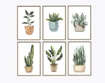 Watercolor Plant and Succulents Art Print Set of 6, Botanical Home Decor, Green Potted Plants Painting Set, Cactus Succulent Dorm Decor