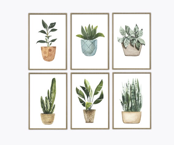 Watercolor Plant and Succulents Art Print Set of 6, Botanical Home Decor, Green Potted Plants Painting Set, Cactus Succulent Dorm Decor