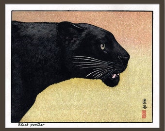 Japanse kunst, Black Panther-print, Ukiyo-poster, Ukiyo-e-kunst, Japanse kunst Japanse muurkunst kat poster housewarming, dierenprint