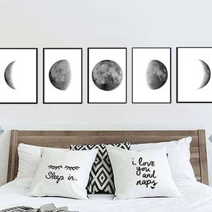 Moon Phases Print Bedroom Wall Art Living Room Decor Black and white -Set of 5