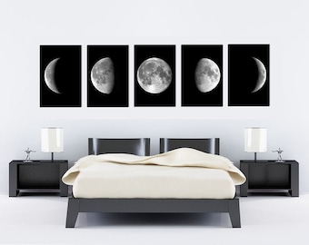 Moon print bedroom wall art moon phases moon poster wall art print wall art decor black and white minimalist bedroom decor SET of 5