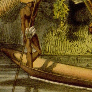 May include: A man in a straw hat stands in a wooden canoe, holding a long wooden pole. He is wearing a white loincloth and is surrounded by lush green foliage.